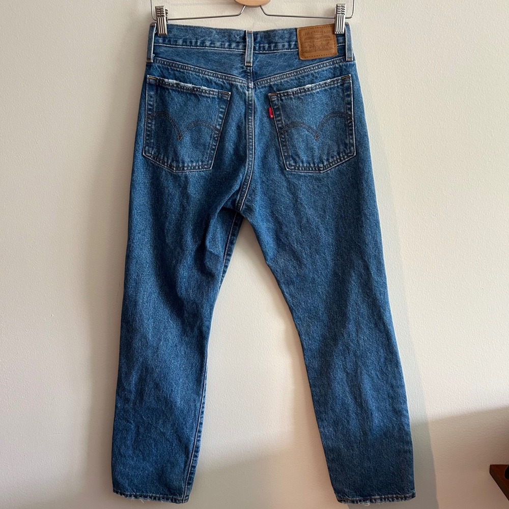 Levi's Premium Wedgie Straight Jeans Blue 27 Distressed High Rise Button Fly - Picture 3 of 7